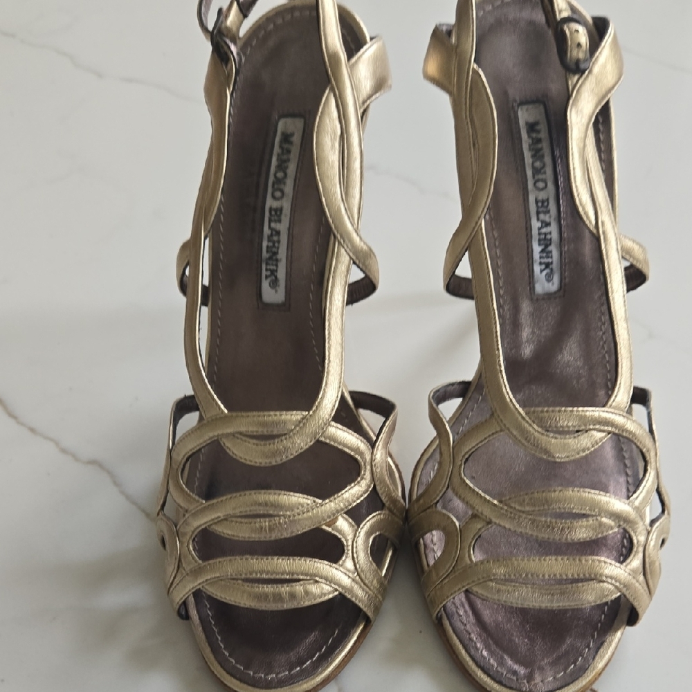 Manolo Blahnik Metallic Gold Strappy Leather Heels